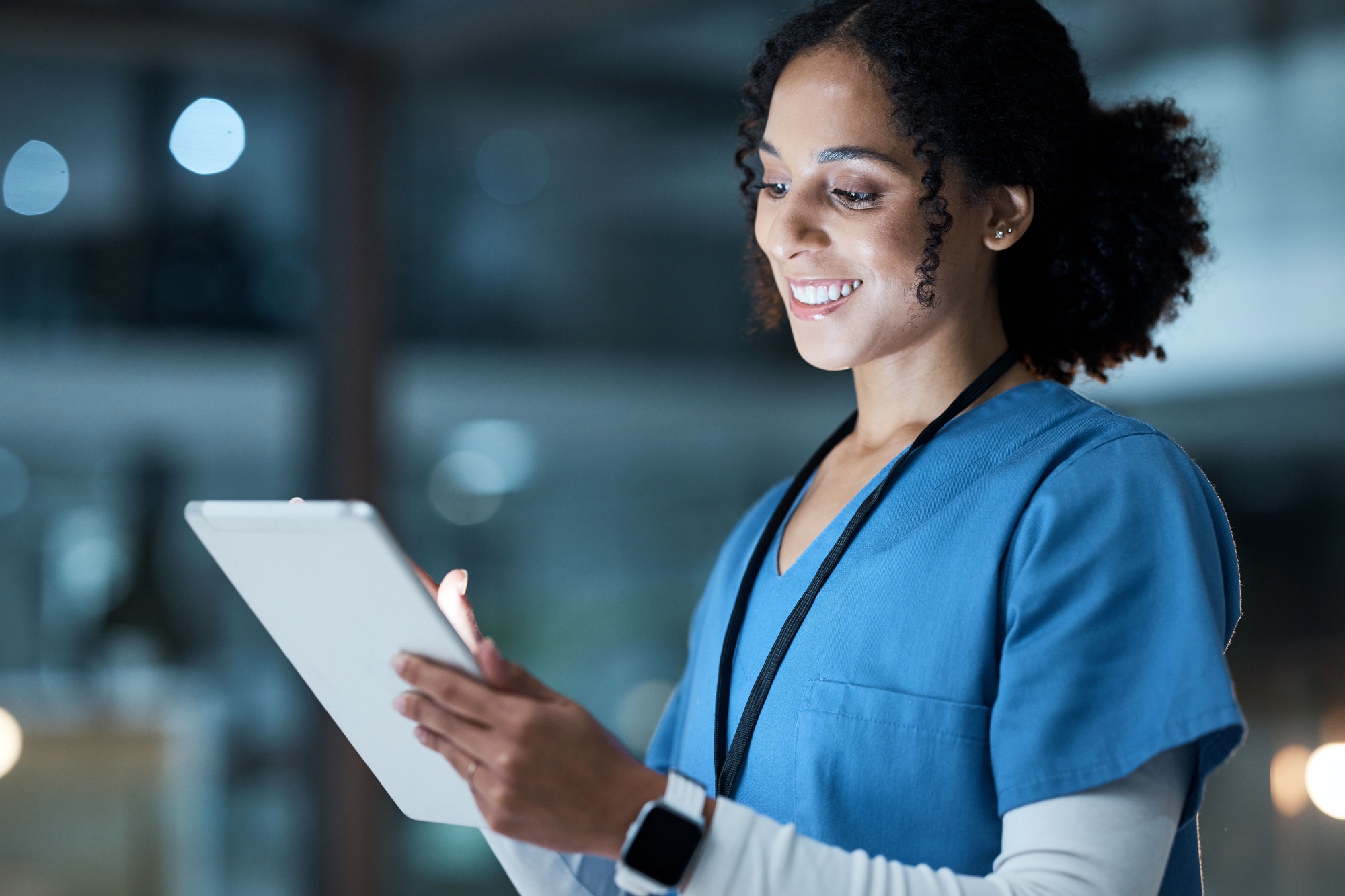Tablet, medical nurse and black woman in hospital working on telehealth, research or online consult